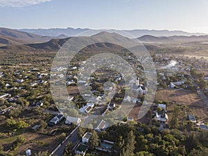 Aerial over small town village, in South Africa, Mcgregor