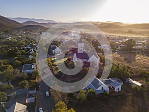 Aerial over small town village, in South Africa, Mcgregor