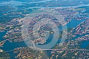 Aerial over Stockholm Sodermalm Old Town island Essingeleden Dju
