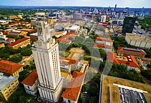Aerial Over UT Tower University of Austin Cityscape