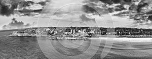 Aerial overhead black and white view of Bondi Beach, Australia