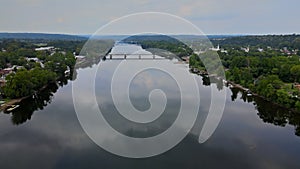 Aerial overhead of Delaware river landscape, American town of Lambertville New Jersey, view near small town historic New