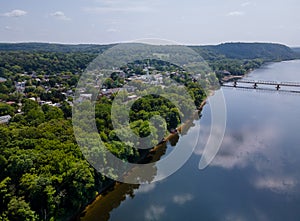 Aerial overhead of Delaware river landscape, American town of Lambertville New Jersey, view near small town historic New Hope