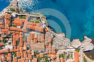 Aerial overhead drone shot of Bokar fort in Dubrovnik old town city wall in Croatia summer