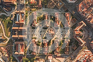 Aerial overhead drone shot of building in Barcelona in morning