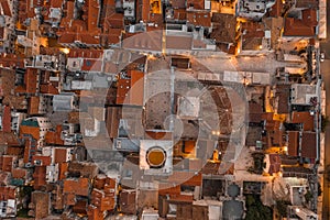 Aerial overhead drone shot of Diocletian Palace St. Domnius with lights before sunrise morning in Split Croatia