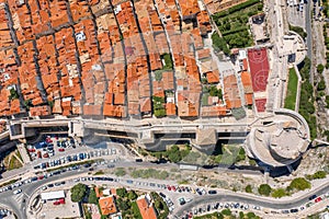 Aerial overhead drone shot of Fort Minceta of Dubrovnik city wall in Croatia summer
