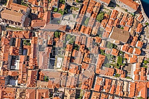 Aerial overhead drone shot of resident houses Dubrovnik old town inside city wall in Croatia summer