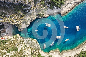 Aerial overhead drone shot of Stiniva covert cove beach in Adriatic sea on Vis Island in Croatia in summer