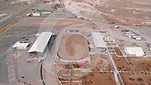 Aerial overhead panoramic view of Cody landscape and Stampede Rodeo Park, Wyoming