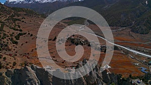 Aerial overhead revealing view bhrala village house settlement. Annapurna circuit trek. Himalayas mountain range