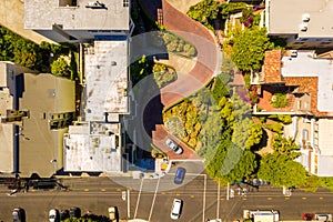 Aerial overhead shot of the famous Lombard Street in San Francisco on a sunny day