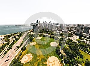 Aerial overhead view of Chicago skylines