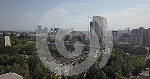 Aerial overhead view downtown Kiev skyscrapers. Traveling on city 4k 4096 x 2160