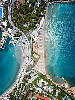 Aerial overhead view of the famous Astir luxury retreat beach