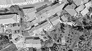 Aerial overhead view of Guardistallo, small medieval town of Tuscany