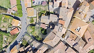 Aerial overhead view of Guardistallo, small medieval town of Tuscany