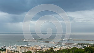 aerial overhead view of Palma de Mallorca Bay harbor time lapse Spain