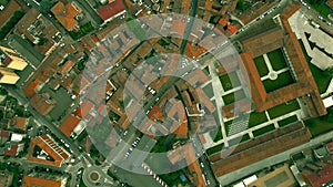 Aerial overhead view of typical Italian streets and houses in Cremona, Lombardia