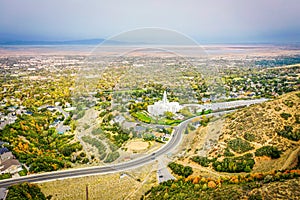 Aerial Overlooking Bountiful, Utah Temple and Valley in the Fall
