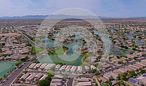 Aerial overlooking small desert small town a Avondale city of rugged mountains near of Phoenix Arizona photo