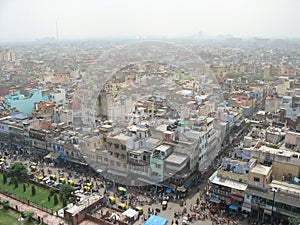 Aerial overview the centre of Old Delhi, India.