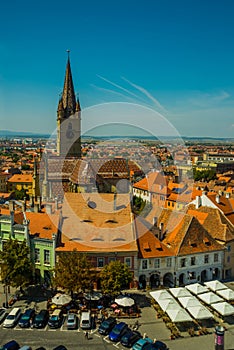 Aerial overview of Sibiu, Romania from the Council Tower with the Small Square Piata Mica and the ramp heading to the Lower town,