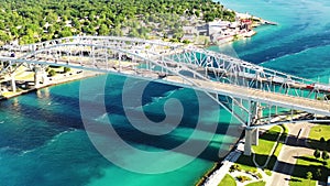 Aerial pan of the Blue Water Bridge bordering Sarnia and Port Huron 4K