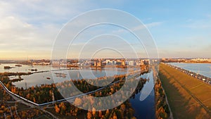 Aerial pan of Irkutsk city. Angara river and dam