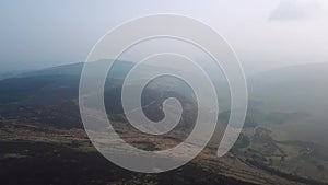 Aerial Pan of Sally Gap, Djouce, Luggala and Lough Tay in the Mist, County Wicklow