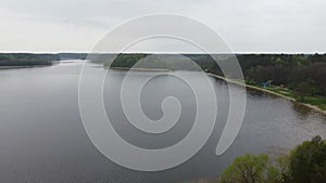 Aerial pan view of empty lake and islands