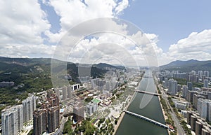 Aerial panarama view on Shatin, Tai Wan, Shing Mun River in Hong Kong