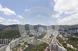 Aerial panarama view on Shatin, Tai Wan, Shing Mun River in Hong Kong