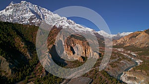 Aerial panning view Himalayas mountains and Humde airport runway view. Travel in nepal. Annapurna trek, Manang valley