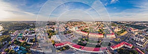 Aerial panorama 180 degrees of the center of Grodno in Belarus. View of Sovetskaya Square, Farny Church and Old Town