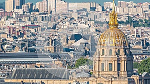 Aerial panorama above many houses rooftops in a Paris timelapse