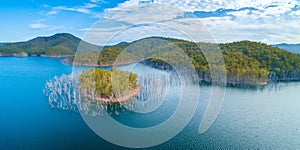 Aerial panorama of Advancetown Lake.