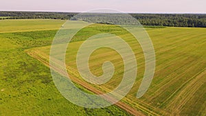 Aerial panorama of agricultural land, a combine is working in the distance.