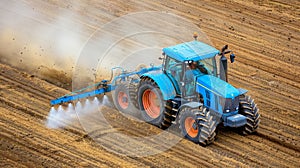 Aerial panorama of agricultural tractor plowing and spraying in vast field landscape view