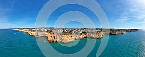 Aerial panorama from Algar Seco caves near Carvoeiro in the Algarve Portugal