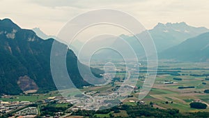 Aerial panorama of Alps Mountains and Valley, Villeneuve town, Switzerland