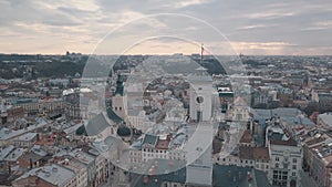 Aerial panorama of the ancient european city Lviv, Ukraine. Town Hall, Ratush