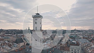 Aerial panorama of the ancient european city Lviv, Ukraine. Town Hall, Ratush