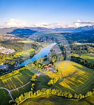 Aerial Panorama Bad Toelz, Isar Valley, Germany Bavaria. Sunset shot in June