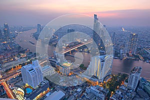 Aerial panorama of Bangkok in evening twilight