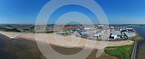 Aerial panorama from the beach and the city Lemmer at the IJsselmeer in the Netherlands