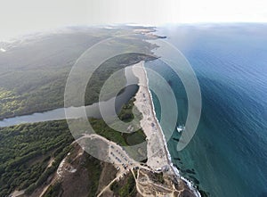 Aerial panorama of beach at the mouth of the Veleka River, Bulgaria