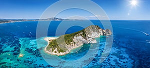 Aerial panorama of the beautiful island of Marathonisi, Zakynthos island