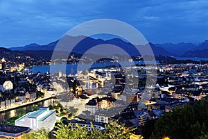 Aerial panorama of beautiful Lucerne City by lakeside with wooden