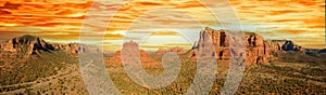 Aerial panorama of Bell Rock and Courthouse Butte in Sedona, Arizona